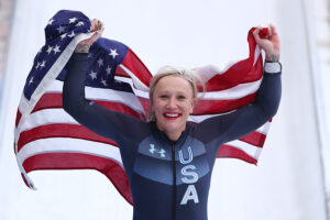 Team USA immigrant Olympic athlete Kaillie Humphries holds U.S. flag