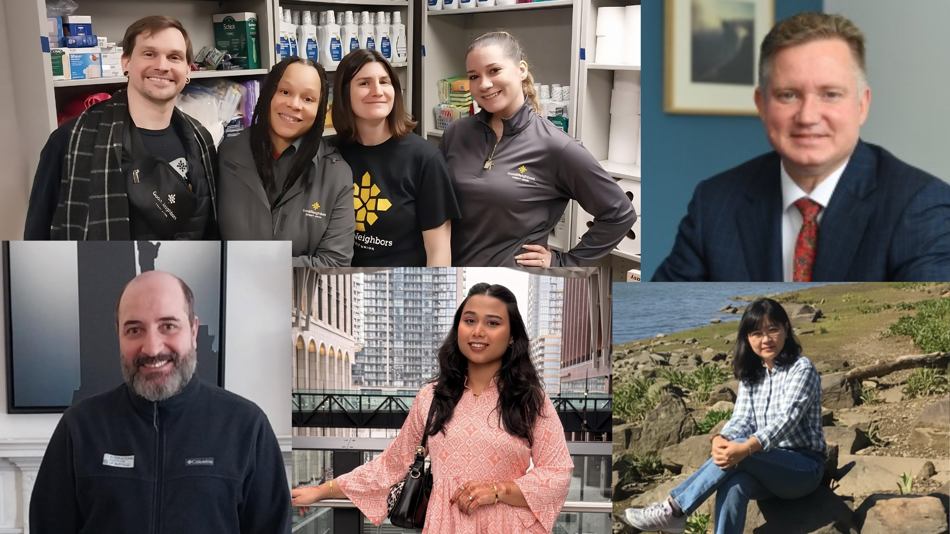 Collage featuring Khin Yang (Burmese and Mandarin Interpreter), Salma Akther (Employment Case Manager), Fadhil Albannah (Housing Coordinator), S. Todd Brown (Model UN Speaker), and volunteers from the Buffalo Philharmonic Chorus, UB students on Alternative Spring Break, and Good Neighbors Credit Union. 