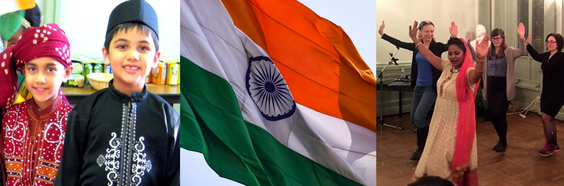 photos from previous Indian cultural events and the Indian flag. 