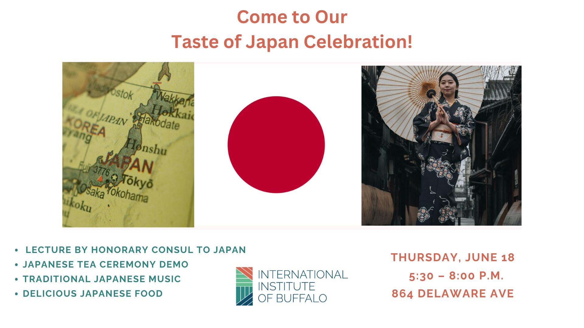 Enjoy a wonderfully festive night of Japanese culture featuring: A presentation by Honorary Consul to Japan Joe Koessler Japanese Tea Ceremony demonstration Traditional Japanese music Delicious Japanese food!